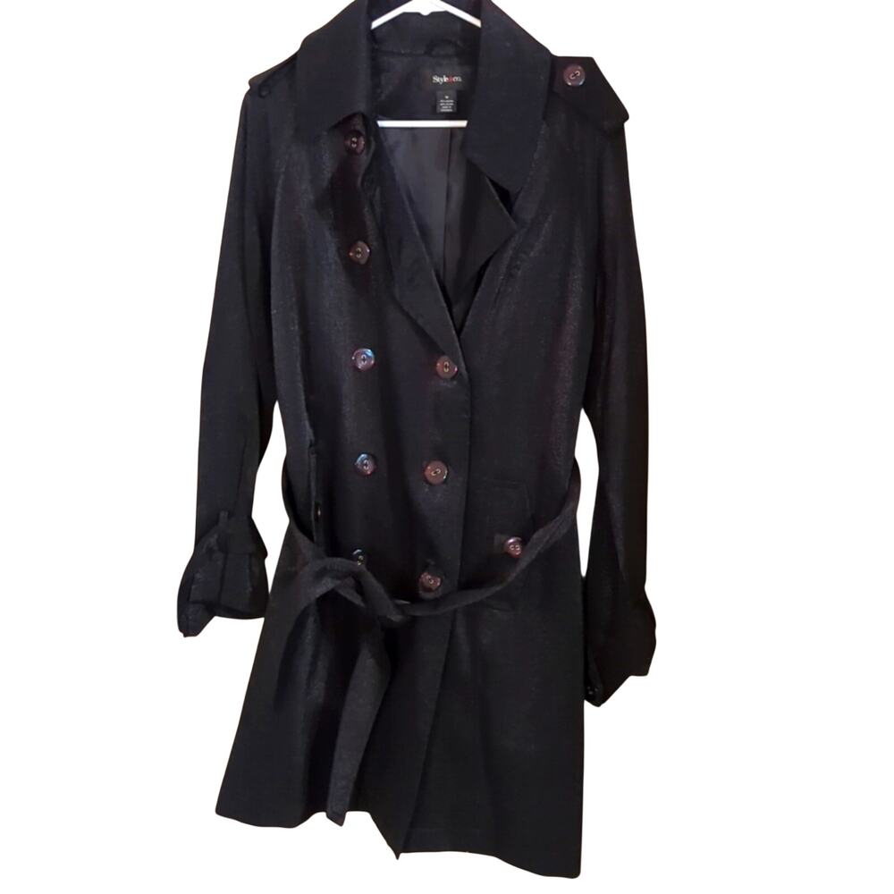 Style & Co. Black Shimmer Double Breasted Trench Coat Women's Size M
